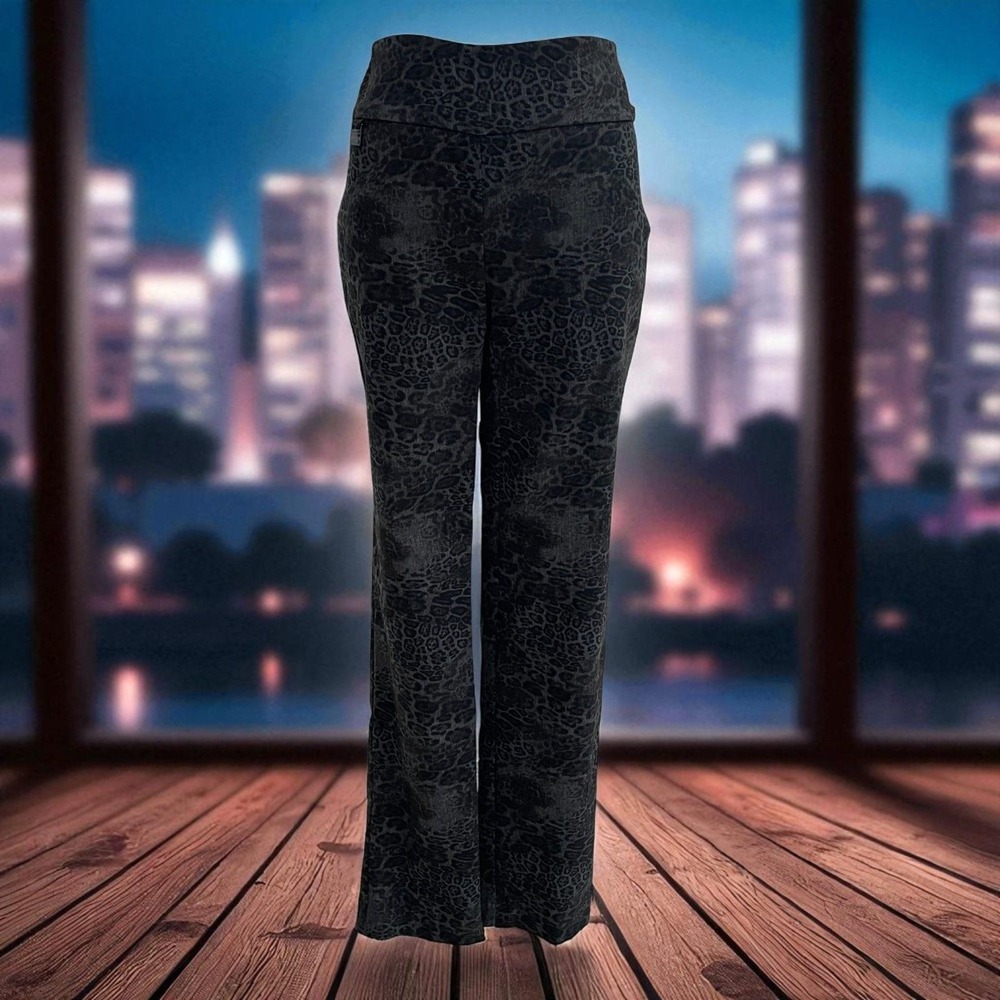 Lisette Montreal Black Gray Green Leopard Print Pull On Straight Leg Pants SZ 2